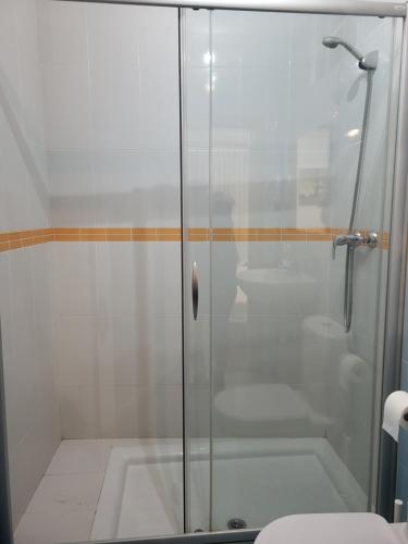 a glass shower in a bathroom with a toilet at Casa rural Dori in Villalmanzo