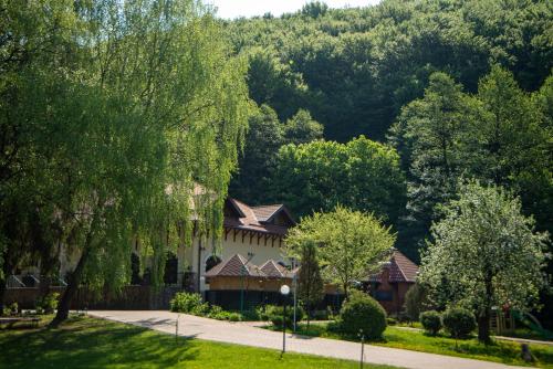 a house in the middle of a forest at Bogolvar Retreat Resort in Antonovka
