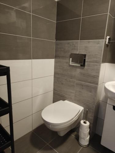 a bathroom with a toilet and a sink at Pokoje Gościnne Rozbark in Bytom