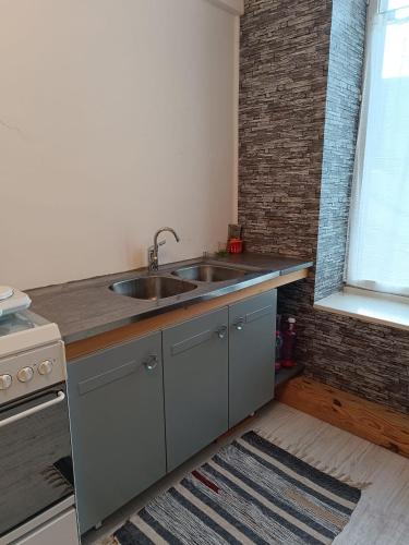 - une cuisine avec un évier et un mur en briques dans l'établissement Appartement au centre de Bourbon, à Bourbon-lʼArchambault