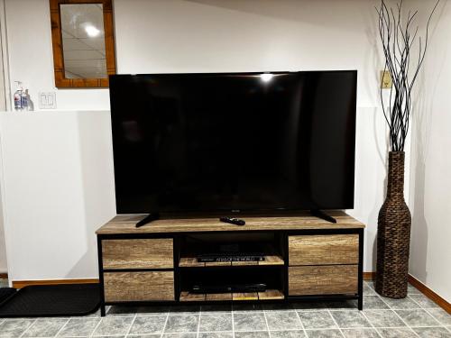 a flat screen tv sitting on top of a wooden entertainment center at Amazing Views, Northern Lights, Stargazing Entire Guest Suite in Golden, BC Canada in Golden