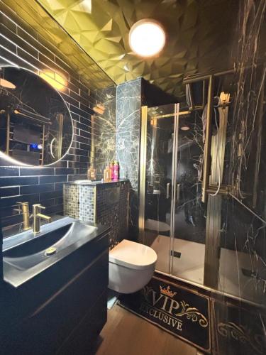 une salle de bain avec toilettes, lavabo et douche dans l'établissement Evasion en couple cap d'agde, au Cap d'Agde