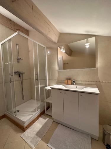 a white bathroom with a shower and a sink at Gîte Chez Tiramisù avec piscine in Coivert