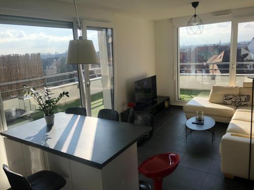 un salon avec un canapé et une table avec des chaises dans l'établissement La Terrasse, à Strasbourg