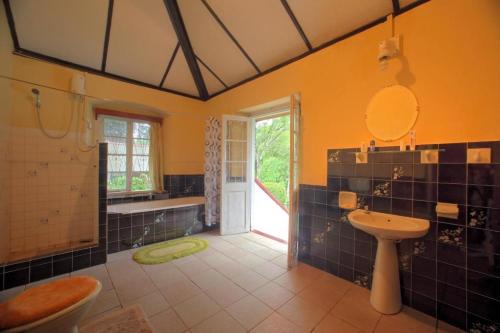 a bathroom with a sink and a toilet and a mirror at Panthiya Estate Bungalow in Matugama
