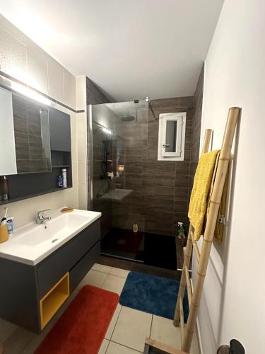 a bathroom with a sink and a shower at Apartment T3 Marina View in Le Marin
