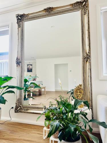 a large mirror in a living room with plants at Cozy Homez Ballarat - Home stay in Alfredton