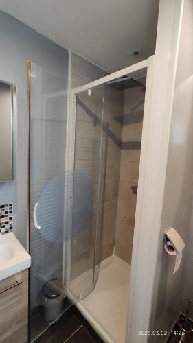 une douche avec une porte vitrée dans une salle de bain dans l'établissement Haut des pipots, à Boulogne-sur-Mer