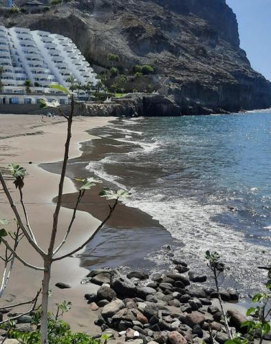 a sandy beach with buildings on the shore at Vista Taurito Apartament in Taurito