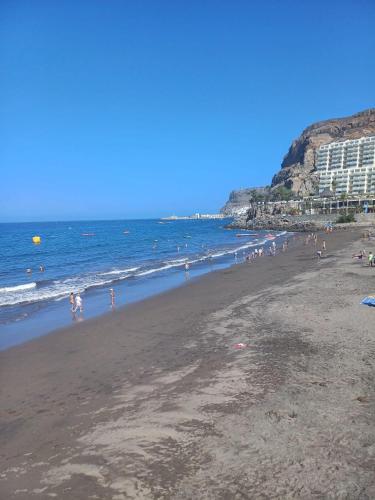 a group of people on a beach with the ocean at Vista Taurito Apartament in Taurito