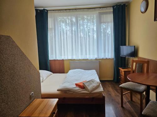 a small bedroom with a bed and a window at "Hel" Wieniec Zdrój in Włocławek