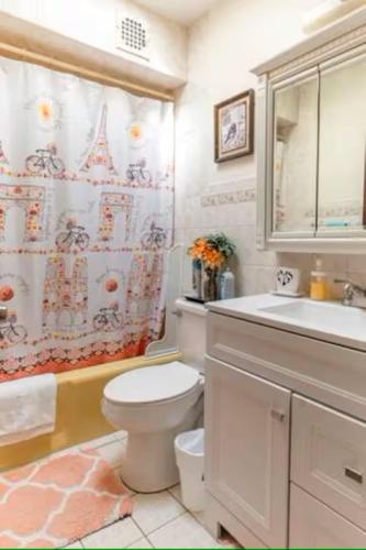 a bathroom with a toilet and a sink and a shower at Chekells Cozy stay close to everything Free WIFI in Brooklyn