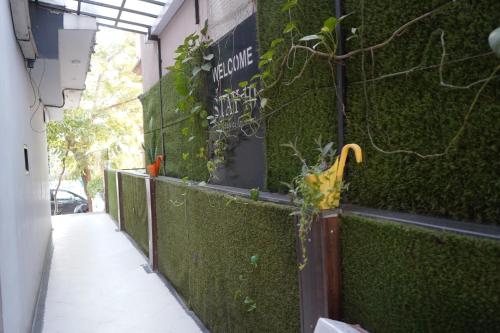 a green wall with an umbrella on the side of a building at STAY10 Apartment Hotel in Indore
