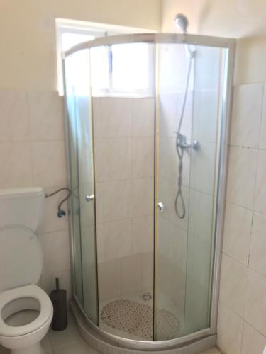 a shower stall in a bathroom with a toilet at Casa Andrade Delgado - Rocha Grande in Ponta do Sol