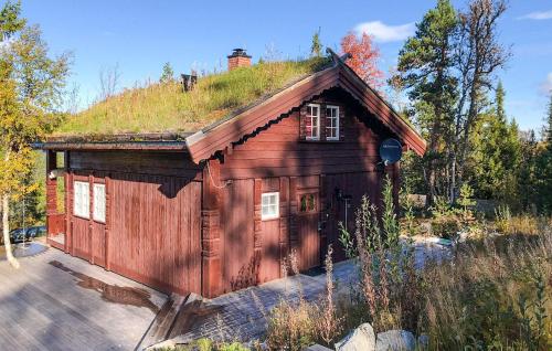 a log cabin with a grass roof on top of it at Beautiful Home In Rjukan With Wifi in Rjukan
