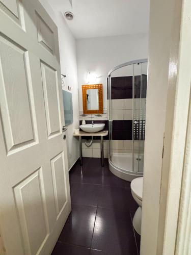 a bathroom with a toilet and a sink and a tub at Pensiunea Vila Silva I in Haţeg