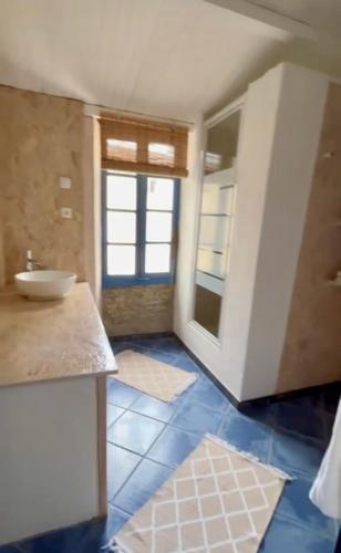 La salle de bains est pourvue d'un lavabo et d'un comptoir. dans l'établissement Gîtes La Maison près de la fontaine et La Cabane du Pêcheur, à Talairan