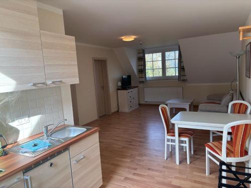 a kitchen with a sink and a table with chairs at Spreewälder Feriendomizil/Pension in Burg