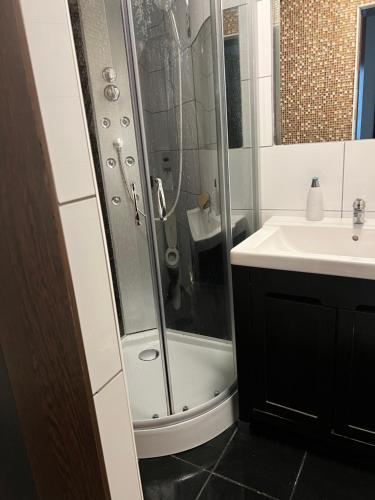 a bathroom with a shower and a sink at Panoráma vendégház in Mátraszentimre