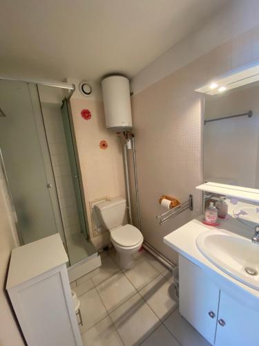 une salle de bain avec toilettes et lavabo dans l'établissement Cap de Mer Appart-4 pers, front de mer terrasse, au Barcarès