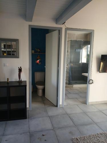 La salle de bains est pourvue de toilettes et d'une porte en verre. dans l'établissement Dorian, à Pornic