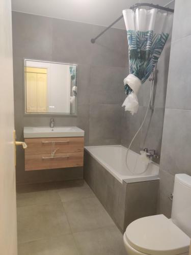 une salle de bain avec une baignoire, un lavabo et des toilettes dans l'établissement Antibes Seaside one room studio in Salis Beach, à Antibes