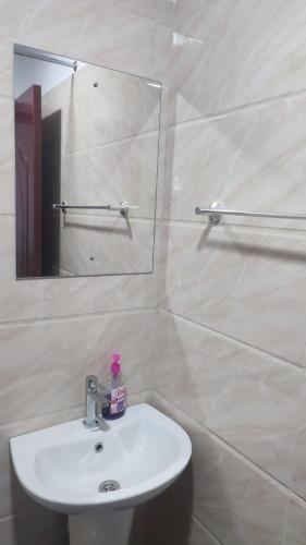a bathroom with a sink and a mirror at Furnished Suite in Nairobi West next to JKIA and Wilson Airport in Nairobi