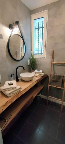 une salle de bain avec un lavabo et un miroir sur un comptoir dans l'établissement Charme Collioure Wi-Fi Parking, à Collioure