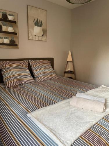 a bed with two pillows on it in a bedroom at Appart spacieux 6 pers proche centre ville et gare Laval - Parking privé securisé in Laval