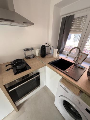 une cuisine avec un évier et une machine à laver dans l'établissement Le Comte - Studio, à Belfort