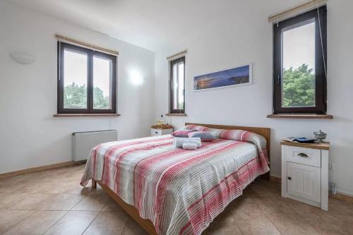 a bedroom with a bed and two windows at Villa La Fata in Cuile Pazzoni