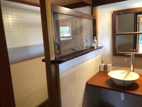 une salle de bain avec un lavabo et un miroir dans l'établissement le Sabel, à Mourèze