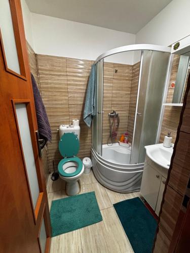 Un baño con un inodoro azul y un lavabo. en ModernStudio, en Bragadiru