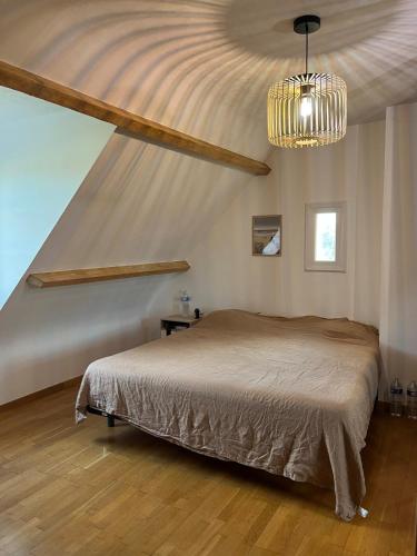une chambre avec un lit et un lustre dans l'établissement 4-bedroom house Le Mans, à Pruillé-le-Chétif