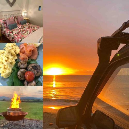 a collage of pictures of a hotel room with a view of the ocean at The Cowshed Cottage on The Greenway in Dungarvan