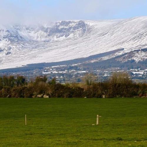 a green field with a snow covered mountain in the background at The Cowshed Cottage on The Greenway in Dungarvan