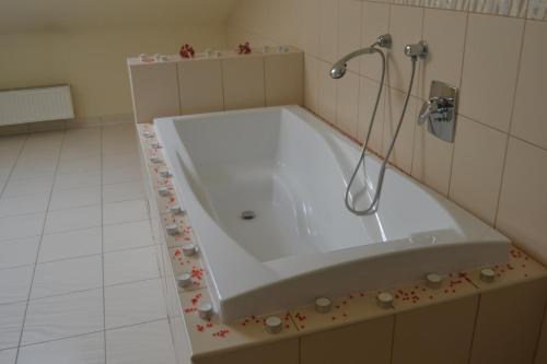 a bath tub with a shower in a bathroom at Penzion U Zámecké Zahrady in Lipník nad Bečvou