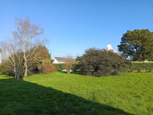 a yard with green grass and trees and a hedge at Coeur d'océan in Groix