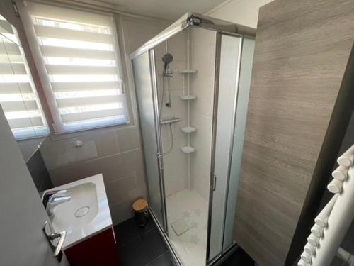 une salle de bain avec douche et lavabo dans l'établissement Résidence CAP SOLEIL, piscines, tennis..., à Saint-Mandrier-sur-Mer