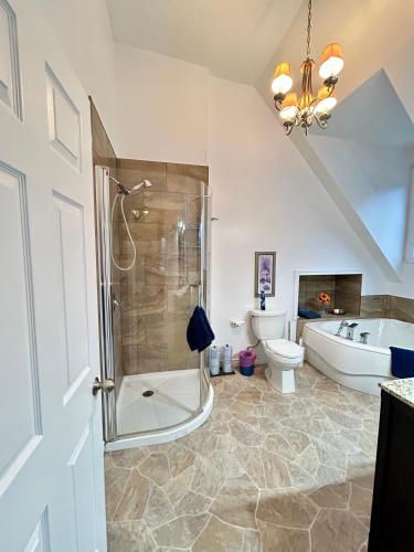 a bathroom with a shower and a tub and a toilet at Resort Lac Ste-Marie in Lac Sainte-Marie