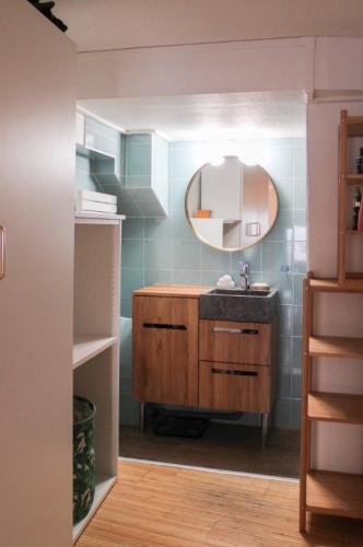 une salle de bain avec un lavabo et un miroir dans l'établissement Duplex de charme au cœur du 2ème, à Paris