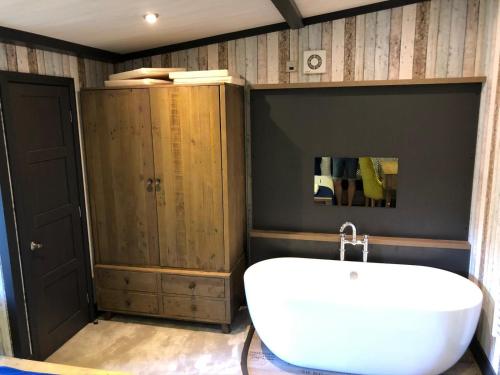 a bathroom with a white sink and wooden walls at Sandy Balls Holiday Park Pet Friendly Lodge in Fordingbridge