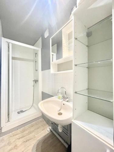 une salle de bain blanche avec un lavabo et une douche dans l'établissement Charming Haussmannian Apartment HyperCentre, à Rouen
