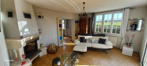 un salon avec un canapé et une cheminée dans l'établissement La Vie en Bleue en Pays Melois, à Saint-Julien-sur-Sarthe