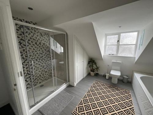 a bathroom with a shower and a toilet and a sink at Spacious Village House near Oxford with Woodburner in Horspath
