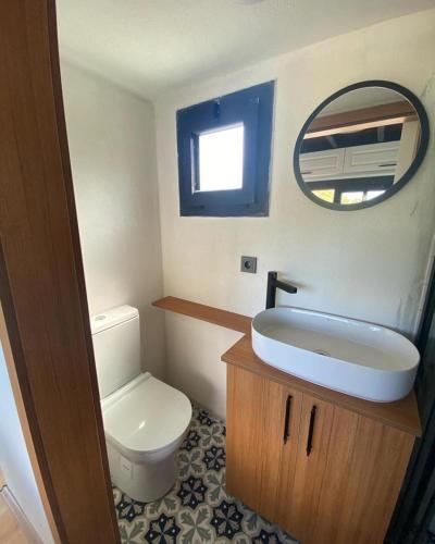 ein Badezimmer mit Toilette, Waschbecken und Spiegel in der Unterkunft Boaz Tiny House in Izmir