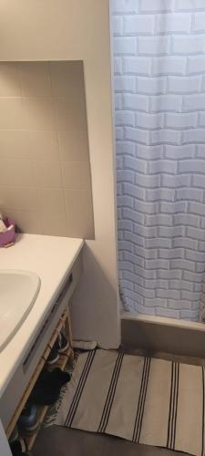 a bathroom with a sink and a shower at Appartement vue mer in La Bernerie-en-Retz