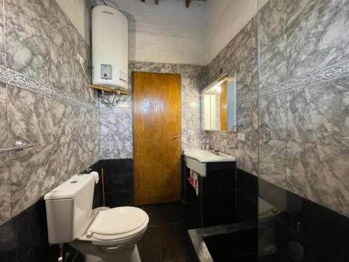 a bathroom with a toilet and a sink at el cabure casa de campo in Esquel