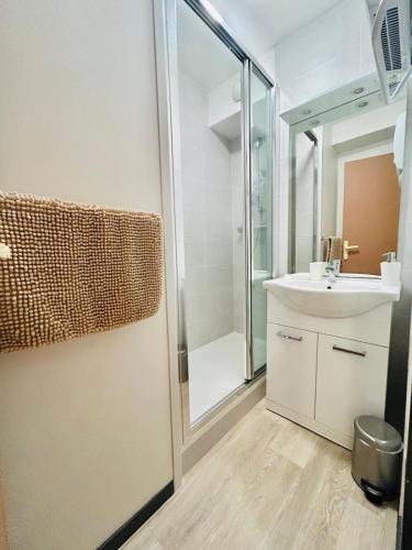 une salle de bain avec un lavabo et une douche dans l'établissement Studio Thermotel 208, à Saint-Martin-dʼUriage