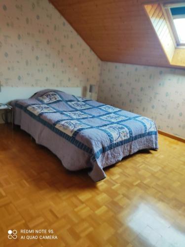 une chambre avec un lit et un parquet dans l'établissement 3 Chambres chez l'habitant, à Valleiry